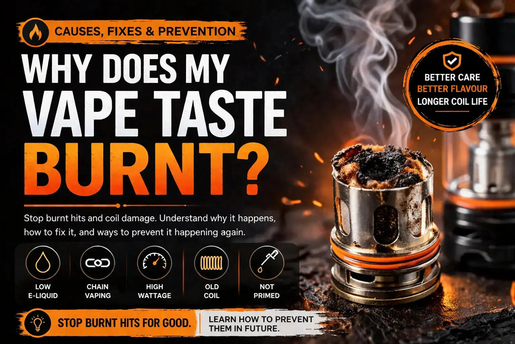 why does my vape juice taste burnt Burnt? Causes & Fixes Guide Smok Mag-18 Advanced Mod Flavour:Blue Razz Steezy Strawberry F: Salted Caramel